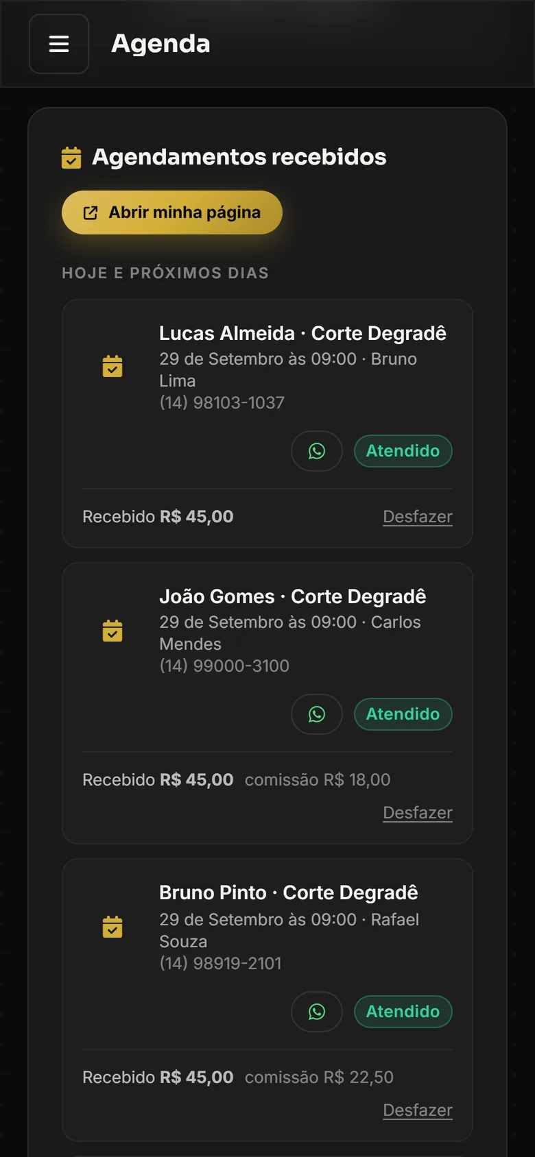 Tela da agenda do BarberPro no celular, com os clientes do dia e os botões Veio e Não veio