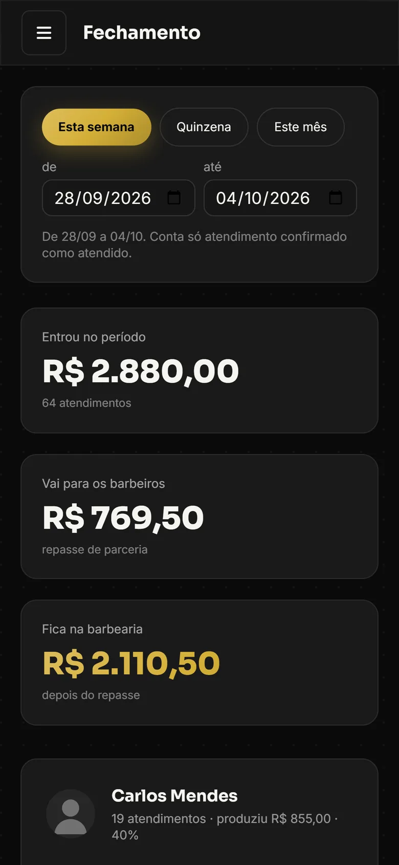 Tela de fechamento do BarberPro: quanto entrou na semana, quanto vai para os barbeiros e quanto fica na barbearia